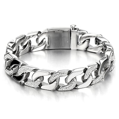 #ad Men#x27;s Stainless Steel Curb Chain Bracelet Silver Color High Polished with Cub... $37.91