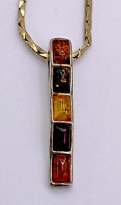 #ad Vintage 925 Amber Bar 5 Shade Pendant on Gold Plated American Showcase Chain 16quot; $62.50