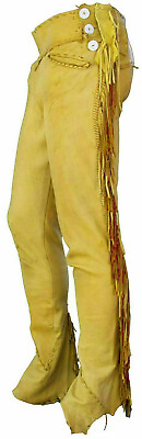 #ad Men Native American Western Soft Buckskin Buffalo Ragged Leather Pants Nl0202 $79.90