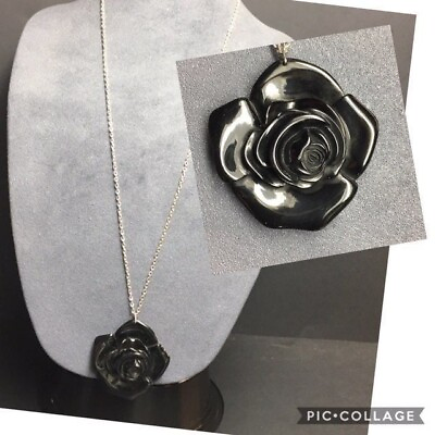 #ad Black Flower Pendant Necklace Large Long Silver Chain Retro BoHo $16.00
