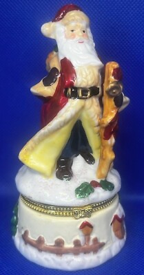 #ad Vintage Christmas Santa Staff amp; Toy Bag Porcelain Jewlery Trinket Box $8.99