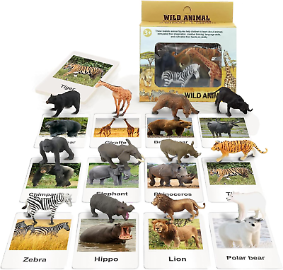 #ad 12 Safari Animals Figures Toys with 12 Flash Cards Realistic Mini Jungle Animal $22.99