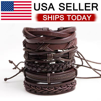 #ad 6PCS Braided Leather Brown Bracelet For Cuff Wrap Wristband Men Women Gift $9.69