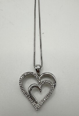 #ad 18quot; Sterling Silver Chain and Double Heart Shape Pendant With Diamond Chips $35.00