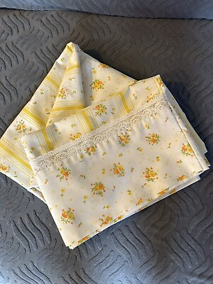 #ad Springmaid Vintage Yellow White Floral Striped Pillowcases Pair $18.00