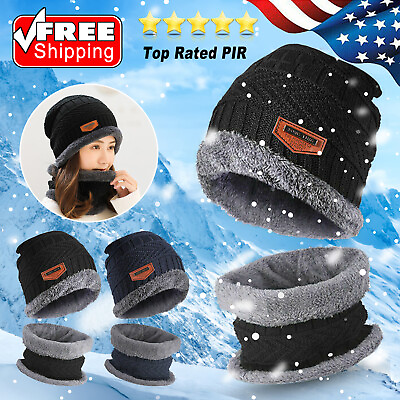 #ad Unisex Winter Beanie Warm Knit Hat Scarf Set Thick Fleece Lined Cap Neck Warmer $9.75