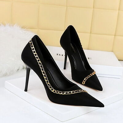 #ad Lady Stiletto High Heel Pointy Toe Metal Chain Pump Party Clubwear Shallow Shoes $44.29