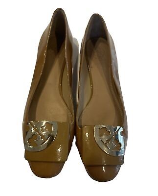 #ad Tory Burch Brown Heels Gold Logo Flats Patent Leather Neutral Square size 9.5 $35.99