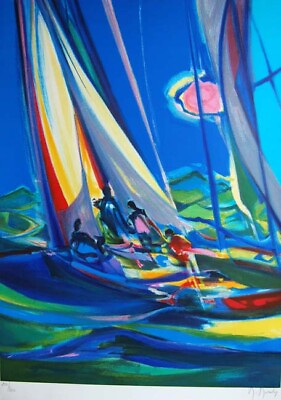 #ad Yachtmen in the Blue Sky MARCEL MOULY Hand Signed lithograph Unframed COA LTD ED $2700.00