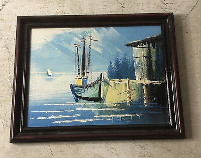 #ad Small Original Vintage Oil Painting Nautical Boat Ship Port Scene 7”x8” Framed $31.45