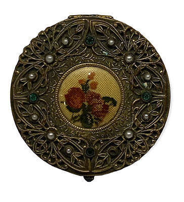 #ad VTG Victorian Filigree Jeweled Cross Stitch Compact Ornate Powder Mirror Make Up $79.88