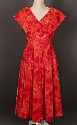 #ad VTG Women#x27;s 50s 60s Orange amp; Red Pleated Dress Sz S 1950s 1960s $69.99