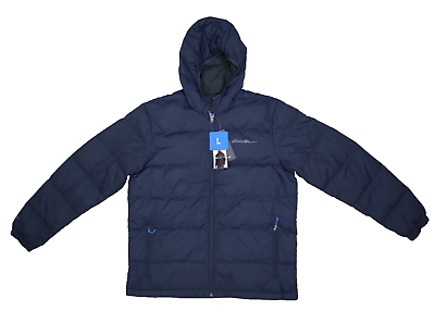 #ad Eddie Bauer Wide Channel Hooded Down Jacket Full Zip Navy Blue Coat Mens Large $47.99