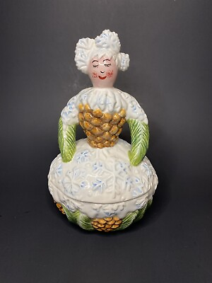 #ad Christmas Pine Cone Snow Lady Covered Candy Dish Tabletops Unlimited Handpainted $25.98