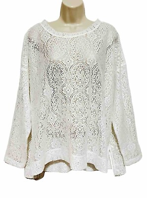 #ad como vintage top 2X Cover Up White long sleeve boxy hi Low lace $18.00