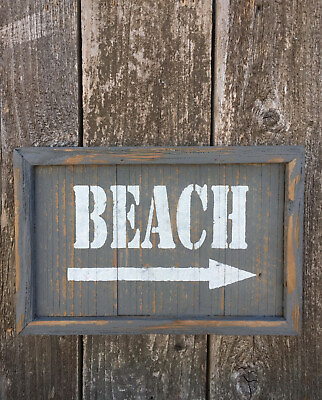 #ad BEACH Sign Farmhouse Seaside Cabin Porch Decor Rustic Reclaimed Wood Handmade $14.99