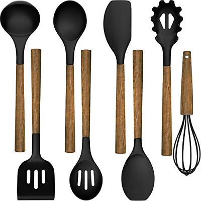 #ad Silicone Cooking Utensil Set 8 Piece Kitchen Set with Natural Acacia Black $34.16