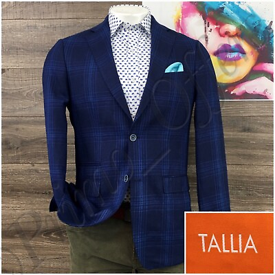 #ad TALLIA Mens Blazer Sport Coat Two Button Casual Jacket Size 38L Linen Blue Suit $89.95