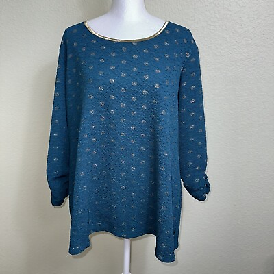 #ad Susan Graver Green and Gold Stretchy Textured 1X Blouse 3 4 Sleeves Polka Dots $15.00