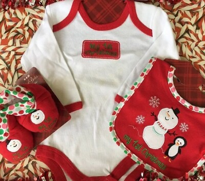 #ad Baby First Christmas Bodysuit Bib Booties Set White Red 3 6 M Christmas Gift $8.80