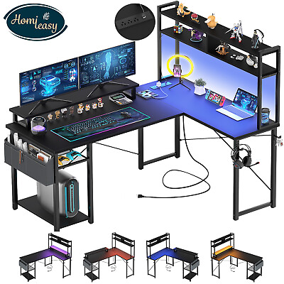 #ad L Shaped Gaming Desk with Led Lights and Power Outlets Home Office Computer Desk $139.98