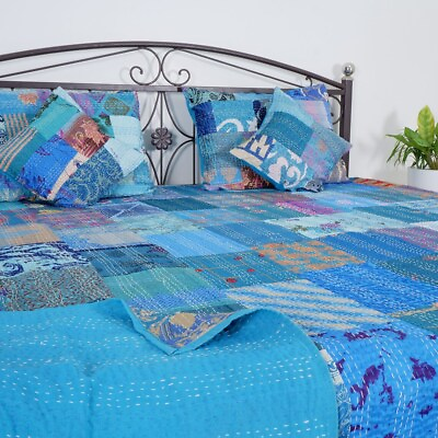 #ad Boho Handmade Turquoise color King Cotton Silk Kantha quilt Bedspread throw $50.99