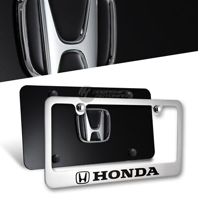 #ad 2pcs Honda Stainless Steel Front Back License Plate Frame with Caps AUTHENTIC $53.99