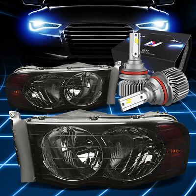 #ad Fit 2002 2005 Dodge Truck Signal Crystal Headlight Lamps W LED Slim Style Smoked $132.87