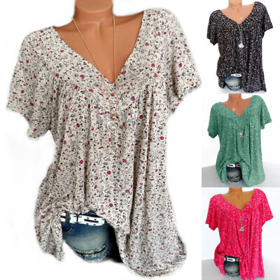#ad Womens Casual Printed Short Sleeve V neck T shirt Blouses Summer Tops Plus Size C $15.95