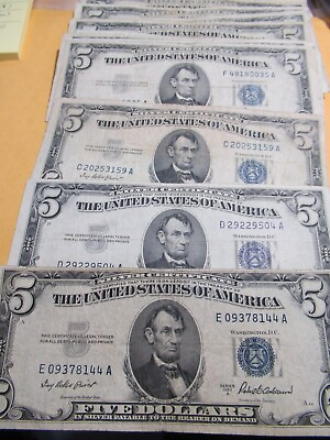 #ad Antique 1953 Five Dollar $5 Old US Currency Silver Certificate Blue Seal $17.99