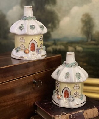 #ad Exquisite Rare Large 19C English Staffordshire Thatched Cottage House Pair 4.25” $497.00