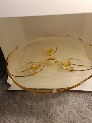 #ad VINTAGE DEPRESSION YELLOW GLASS 10quot; DESSERT PLATE CAKE STAND LANCASTER 3 FOOTED $15.99