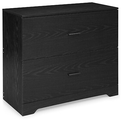 #ad 2 Drawer Wood Lateral File Cabinet w Adjustable Bars for Home Office Black $139.99