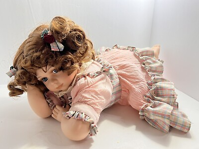 #ad quot;My Baby Bright Eyesquot; 14” Porcelain Doll Laying Down Country Pink amp; Plaid #26372 $29.95