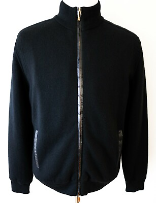 #ad STEFANO RICCI Black Cashmere Crocodile Leather Beaver Fur Bomber Jacket 54 EU XL $6995.00