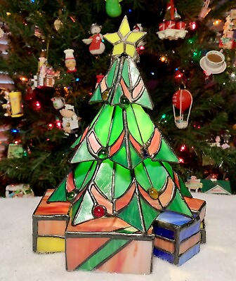 #ad Tiffany Lighting STAINED GLASS 9” Christmas Tree Lamp: Handcrafted Artist Design $95.95
