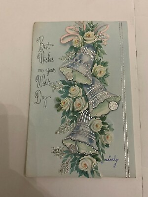 #ad Vintage 1950#x27;s On Your Wedding Day Greeting Card Bells and Flowers $5.00