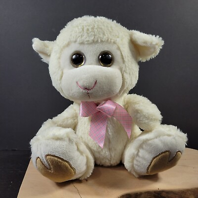 #ad Fluffy Lamb Sheep Plush KellyToy Animal White 10quot; Pink Bow Glitter Eyes Stuffed $6.95