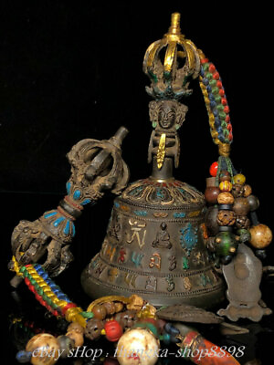 #ad 5quot; Old Tibet Bronze Painting Buddhism Dorje Vajra Bell amp; Holder Pendant Set $225.75