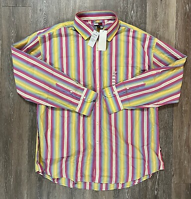 #ad Tommy Hilfiger Pink Yellow Blue White Striped Long Sleeve Shirt NEW NWT XXL $24.99