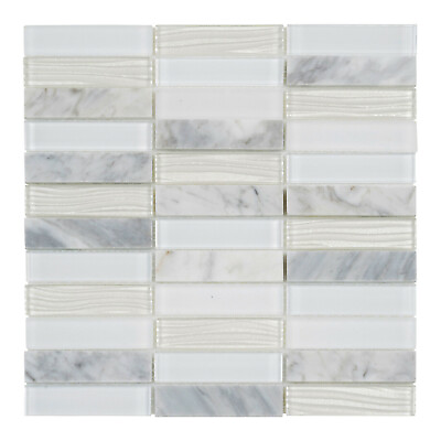 #ad White Carrara Marble Mosaic Tile Wave Cold Spray Glass Stacked Wall Backsplash $239.50
