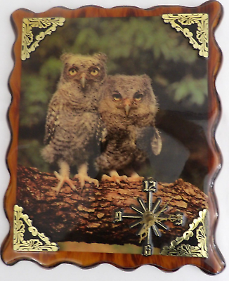 #ad VINTAGE OWL PAIR RETRO MCM LACQUERED DECOUPAGE ON WOOD PLAQUE WALL CLOCK 1960#x27;S $24.56