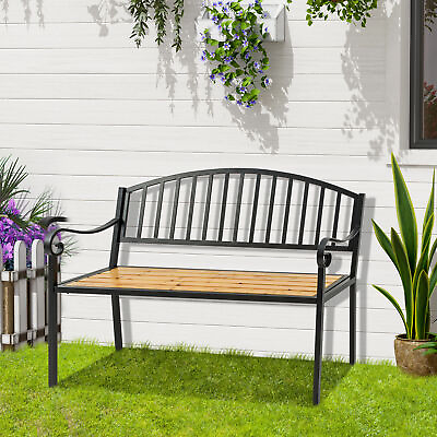 #ad 50quot; Antique Garden Bench Loveseat Wood Seat amp; Steel Frame for Yard Lawn Porch $79.99