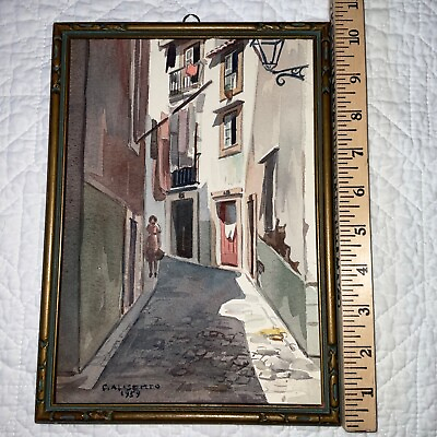 #ad Vintage 1959 European street landscape watercolor painting signed hand painted $134.00