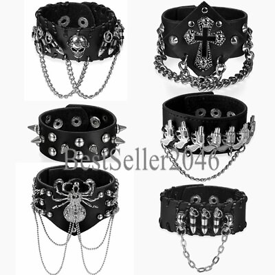 #ad Men Women Gothic Black Leather Skull Cross Rivet Bracelet Punk Halloween Jewelry $8.99