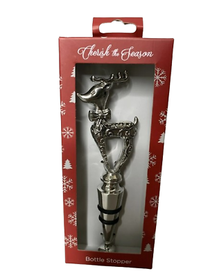 #ad Cherish The Season Silver Reindeer Wine Bottle Stopper Metal 5.75quot; Christmas $15.99