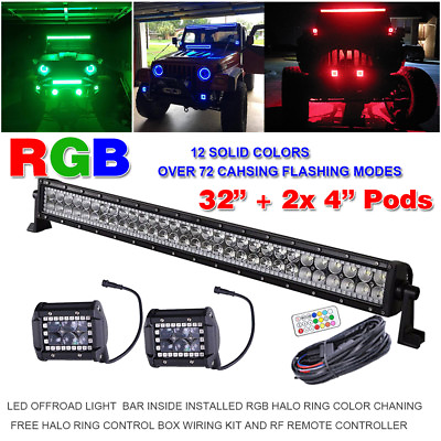 32quot; inch 180W LED Light Bar 4quot; Spot Pods with RGB Halo Chasing Remote Control $299.95