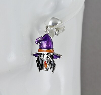 #ad Clip On earrings halloween pendant purple hat clips scary witch hat 1 3 4quot; long $13.99