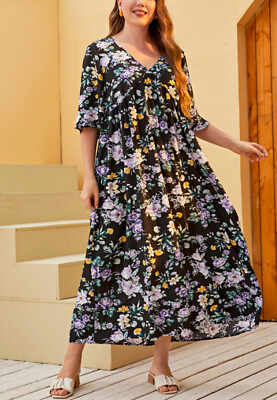 #ad Plus Size Elbow Sleeve Floral Dress Black $26.99