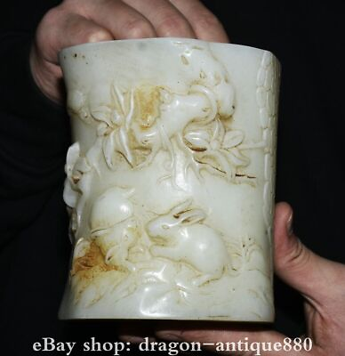 #ad 5quot; Old Chinese Hetian Jade Carved Dynasty flower rabbit Brush Pot Pencil Vase $130.20